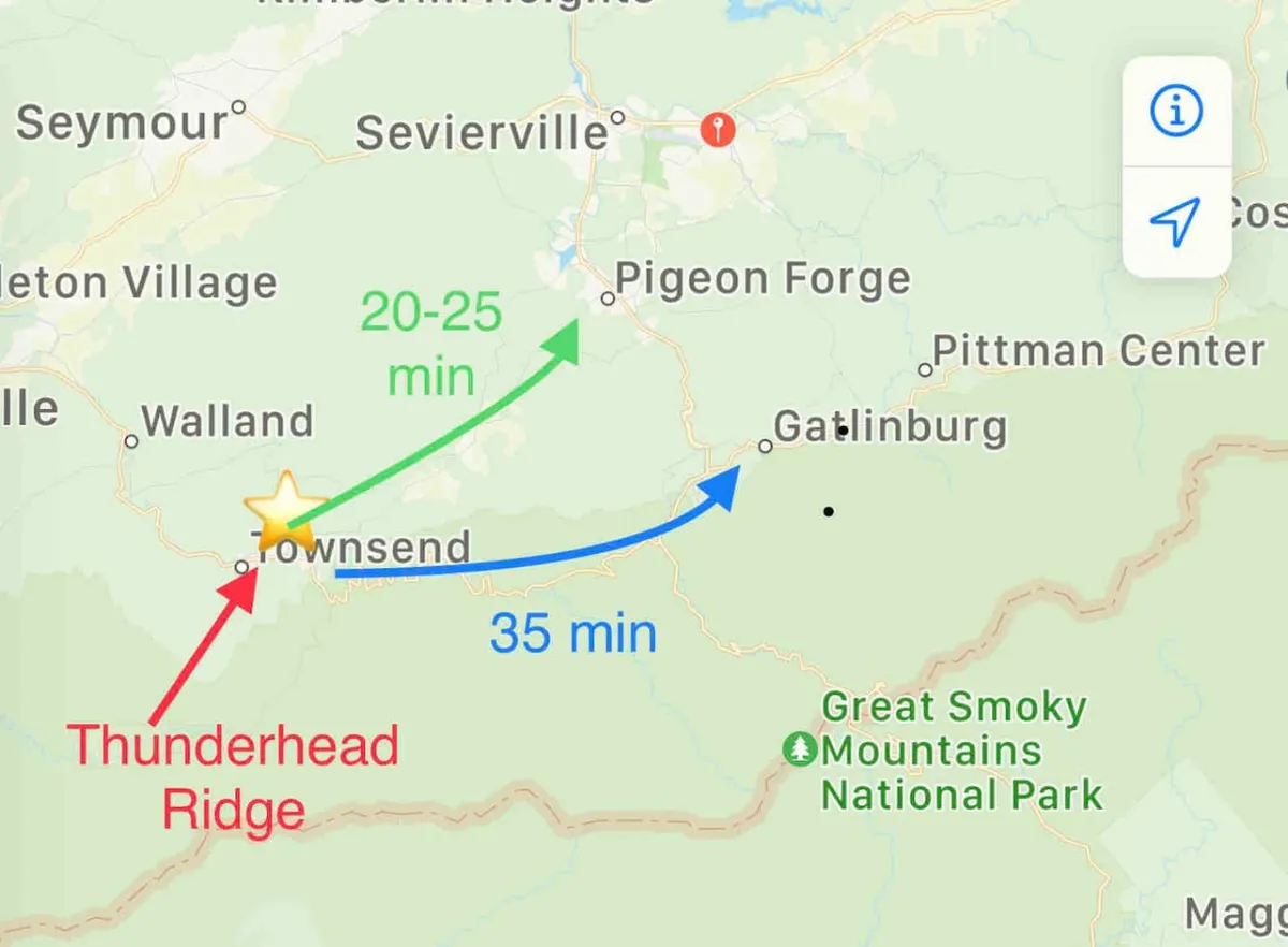 This panoramic view captures the expansive Thunderhead Ridge, the surrounding forests, and glimpses of the Great Smoky Mountains National Park. The image highlights the adventure potential of the area, with open skies and trails ready for exploration, creating a sense of excitement for hiking, nature walks, and pet-friendly activities.