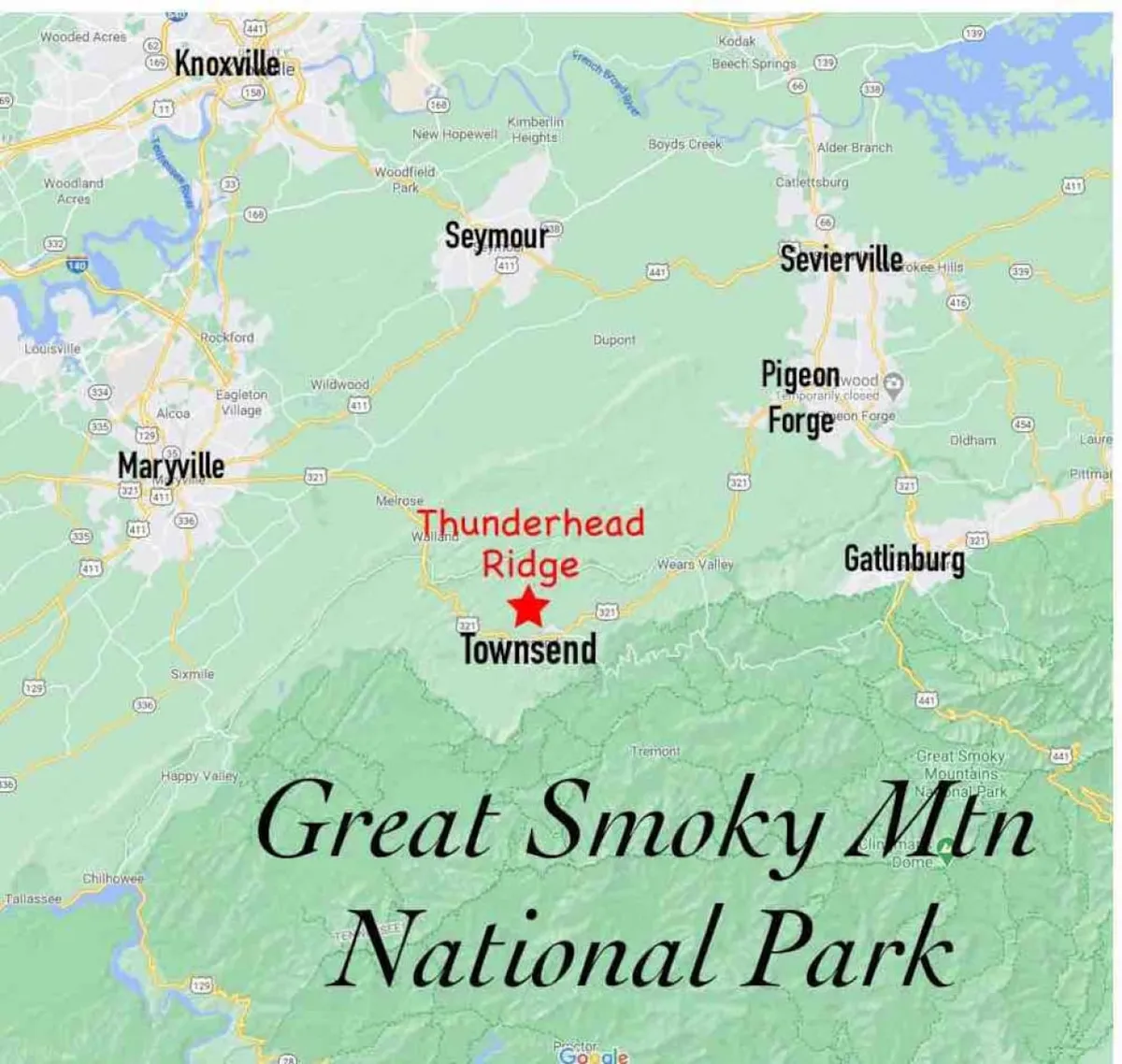 A wide, adventurous view of the Great Smoky Mountain National Park, with Thunderhead Ridge and the Townsend area visible. The scene features sweeping mountain vistas under a vibrant sky, hinting at endless trails and scenic drives. The expansive landscape underscores the region's reputation for breathtaking views and outdoor exploration.