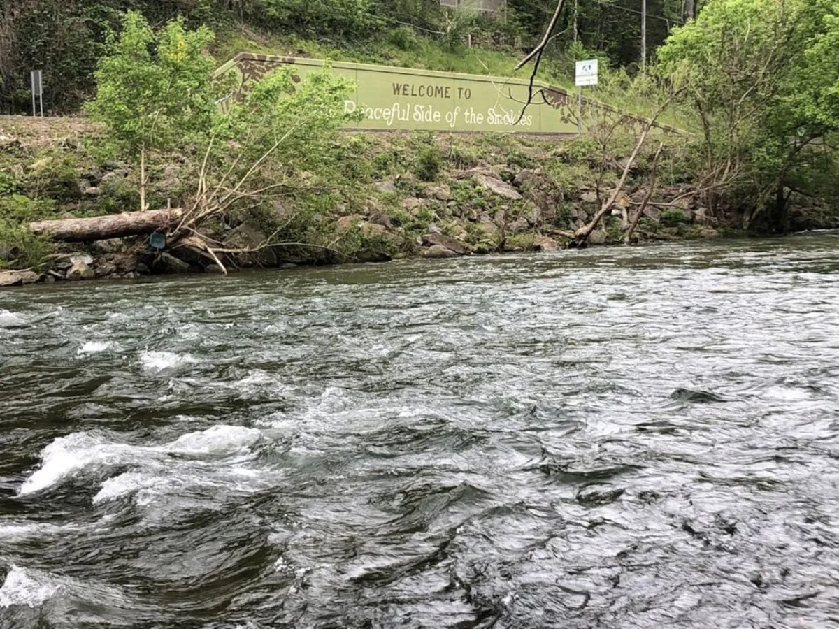 A serene riverside landscape with a gently flowing river bordered by lush greenery. A welcoming sign signals easy access and a friendly atmosphere, while the tranquil setting suggests opportunities for fishing, tubing, and relaxing by the water. The sound of the river is almost palpable through the image, promising peaceful moments and wildlife encounters along the banks.